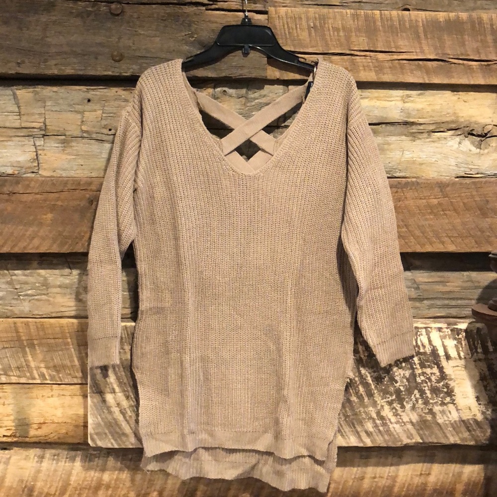 Ambiance Apparel taupe tunic sweater w back detail